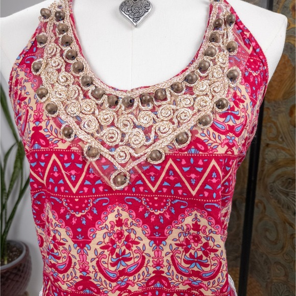 Handmade Pink Embroidered Halter Top - Crochet Lace Trim Y2K Boho - Small - Picture 4 of 6